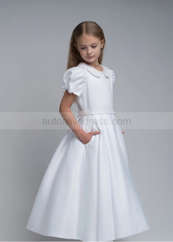 Beaded Peter Pan Collar White Satin Cute Flower Girl Dress
